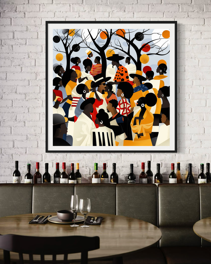Juneteenth Art Print featuring an African American family reunion celebration in an Afrocentric outdoor setting. Vibrant digital artwork showcasing Black joy, unity, and heritage with bold colors representing freedom and cultural pride.