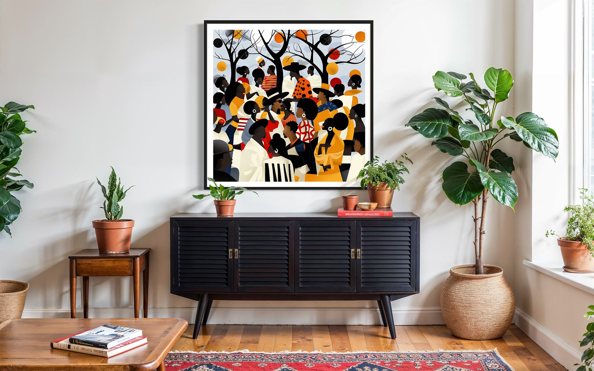 Juneteenth Art Print featuring an African American family reunion celebration in an Afrocentric outdoor setting. Vibrant digital artwork showcasing Black joy, unity, and heritage with bold colors representing freedom and cultural pride.