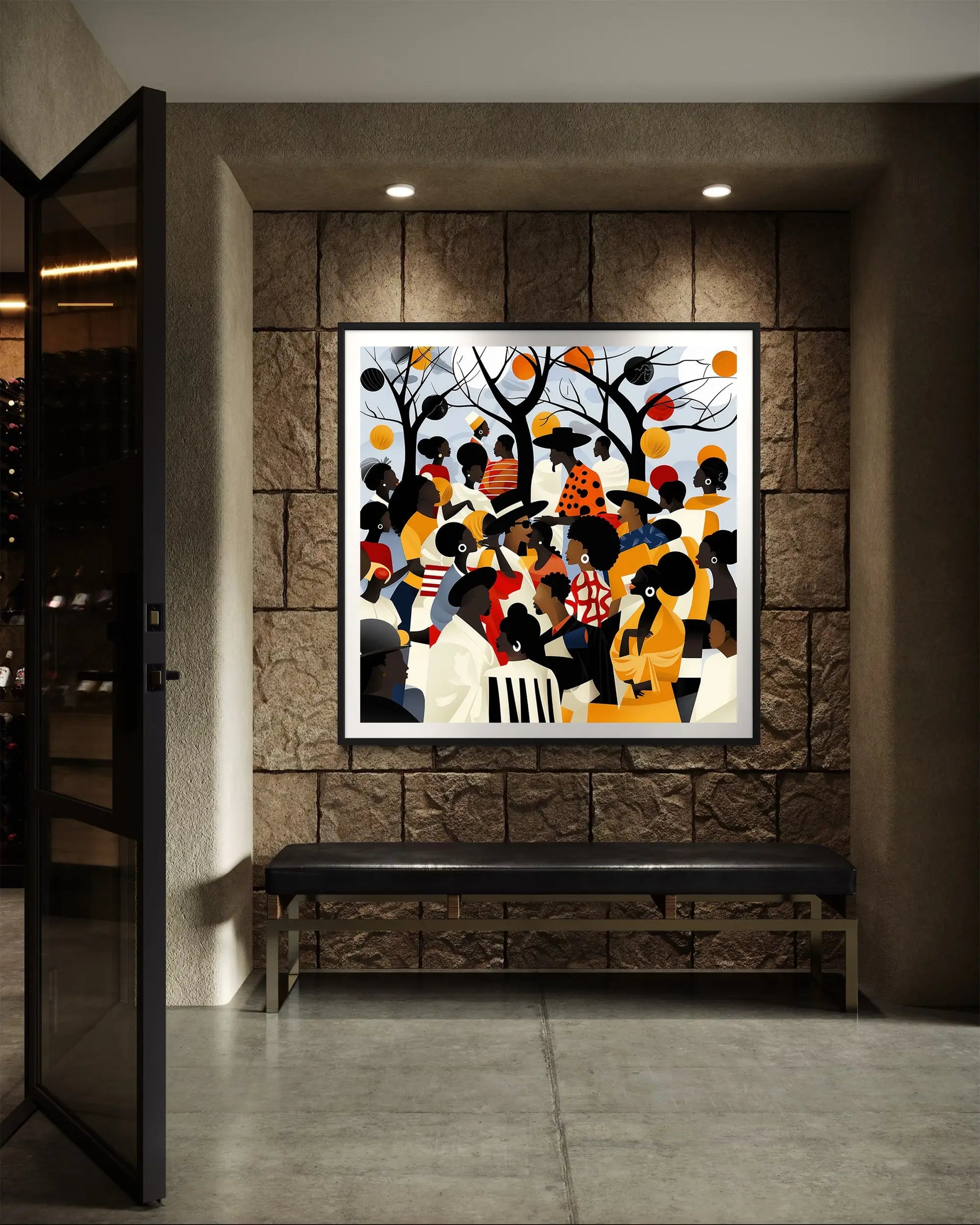 Juneteenth Art Print featuring an African American family reunion celebration in an Afrocentric outdoor setting. Vibrant digital artwork showcasing Black joy, unity, and heritage with bold colors representing freedom and cultural pride.