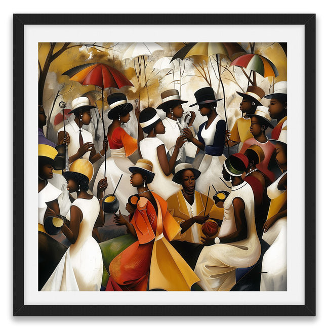 Juneteenth Art Print featuring a Black family reunion celebration in an Afrocentric outdoor setting. Vibrant digital artwork showcasing Black joy, unity, and heritage with bold colors representing freedom and cultural pride.