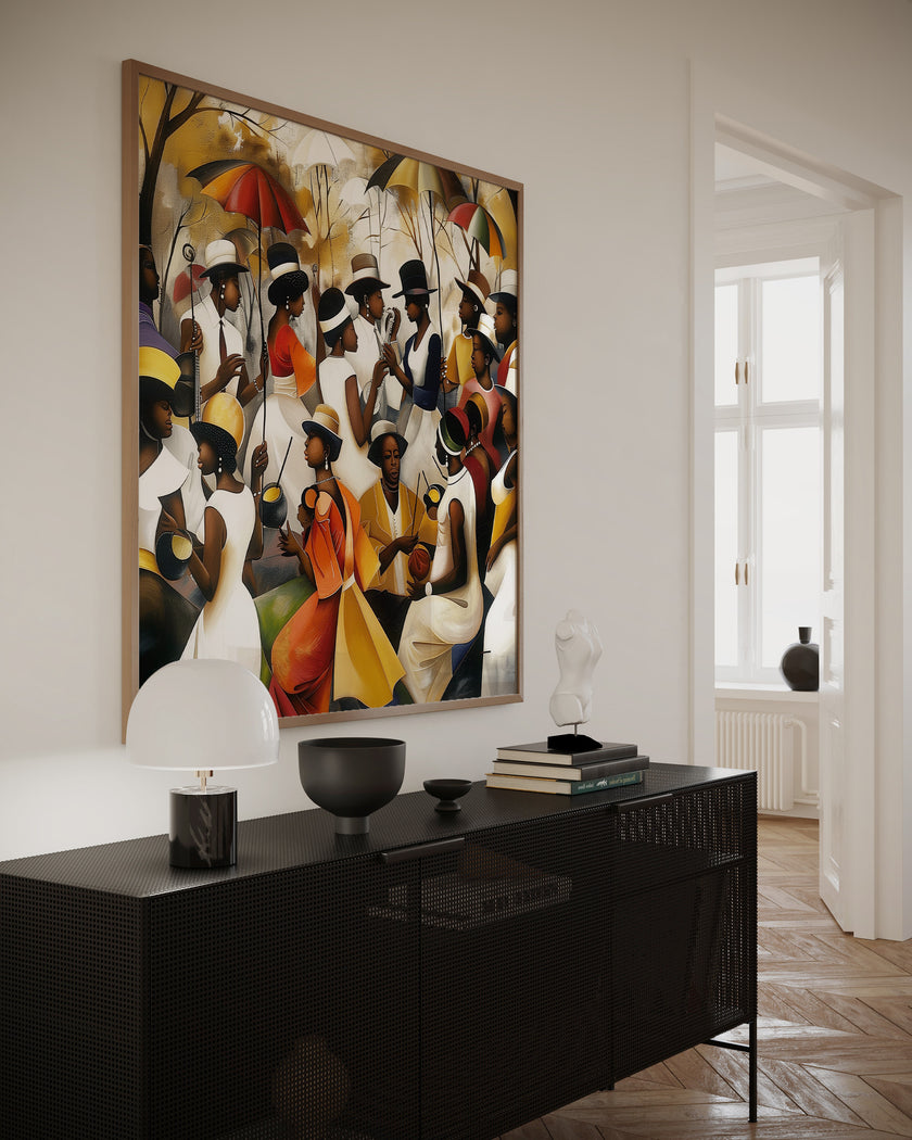 Juneteenth Art Print featuring a Black family reunion celebration in an Afrocentric outdoor setting. Vibrant digital artwork showcasing Black joy, unity, and heritage with bold colors representing freedom and cultural pride.