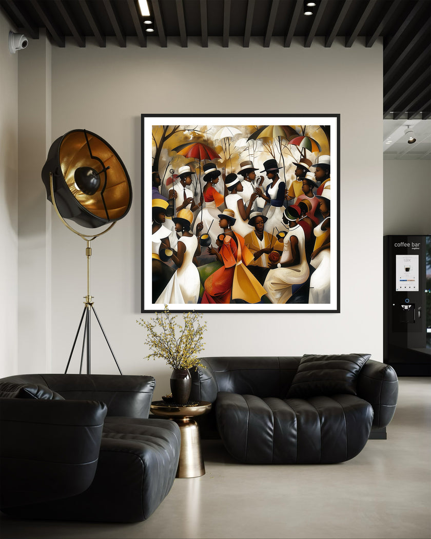 Juneteenth Art Print featuring a Black family reunion celebration in an Afrocentric outdoor setting. Vibrant digital artwork showcasing Black joy, unity, and heritage with bold colors representing freedom and cultural pride.