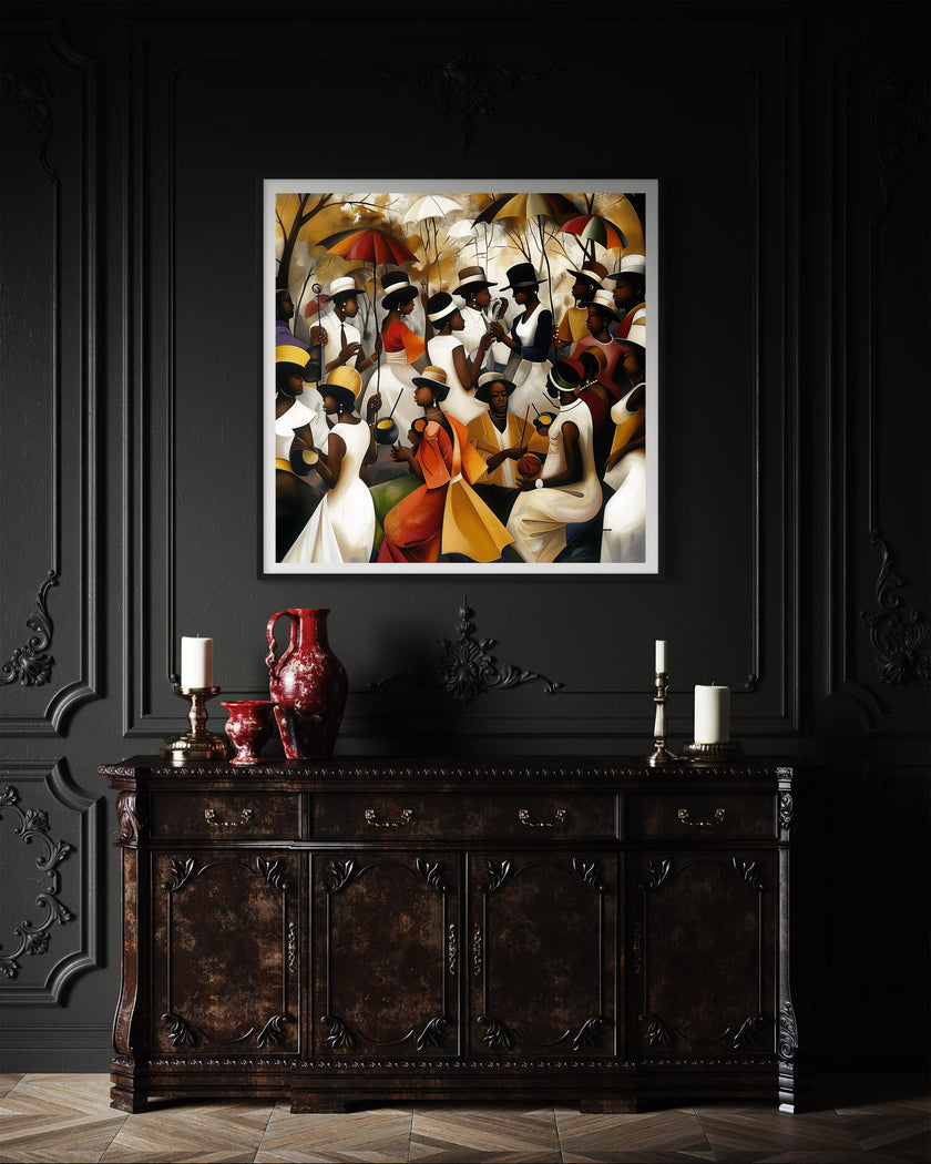 Juneteenth Art Print featuring a Black family reunion celebration in an Afrocentric outdoor setting. Vibrant digital artwork showcasing Black joy, unity, and heritage with bold colors representing freedom and cultural pride.