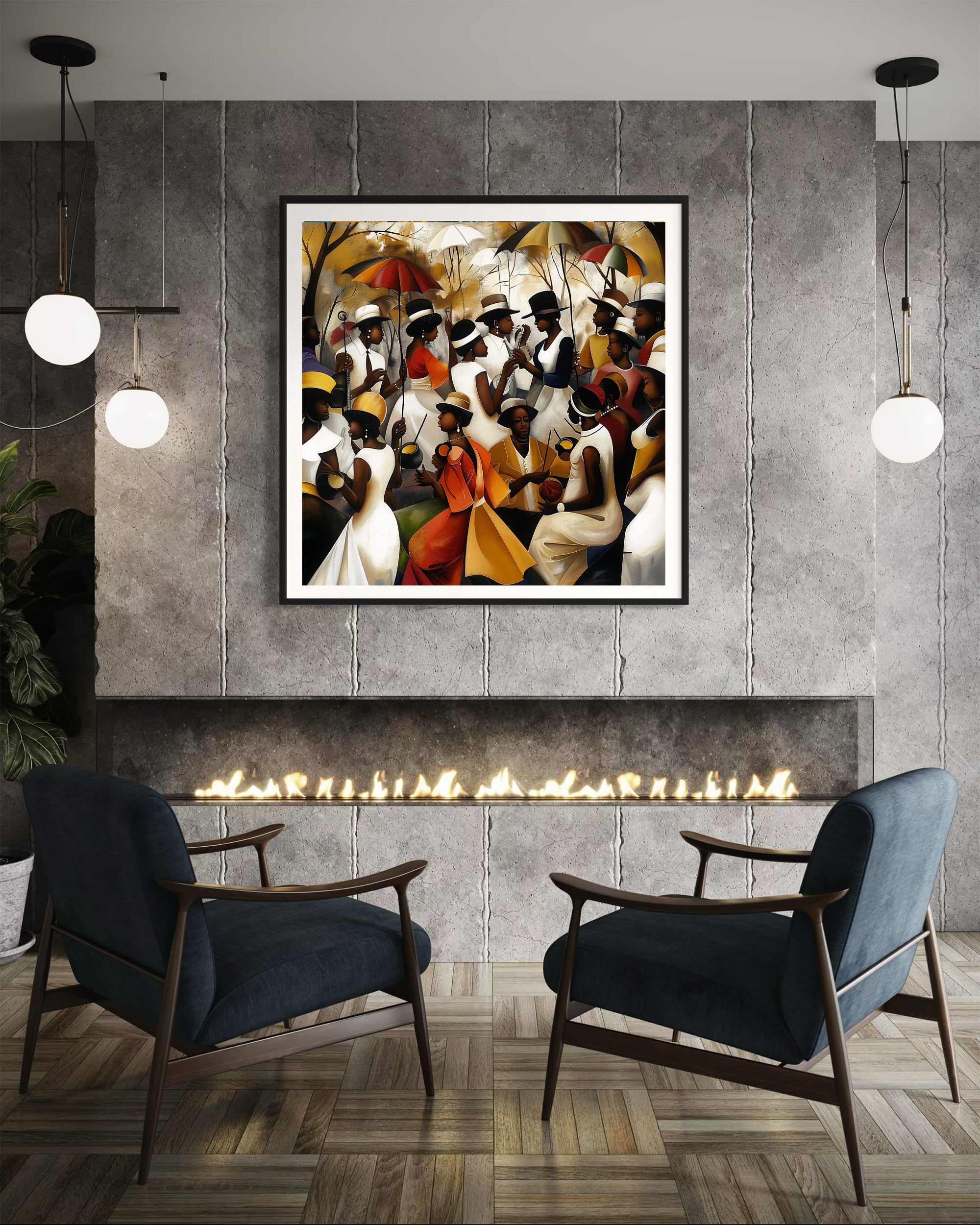 Juneteenth Art Print featuring a Black family reunion celebration in an Afrocentric outdoor setting. Vibrant digital artwork showcasing Black joy, unity, and heritage with bold colors representing freedom and cultural pride.