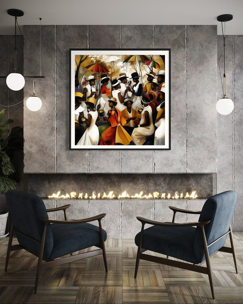 Juneteenth Art Print featuring a Black family reunion celebration in an Afrocentric outdoor setting. Vibrant digital artwork showcasing Black joy, unity, and heritage with bold colors representing freedom and cultural pride.