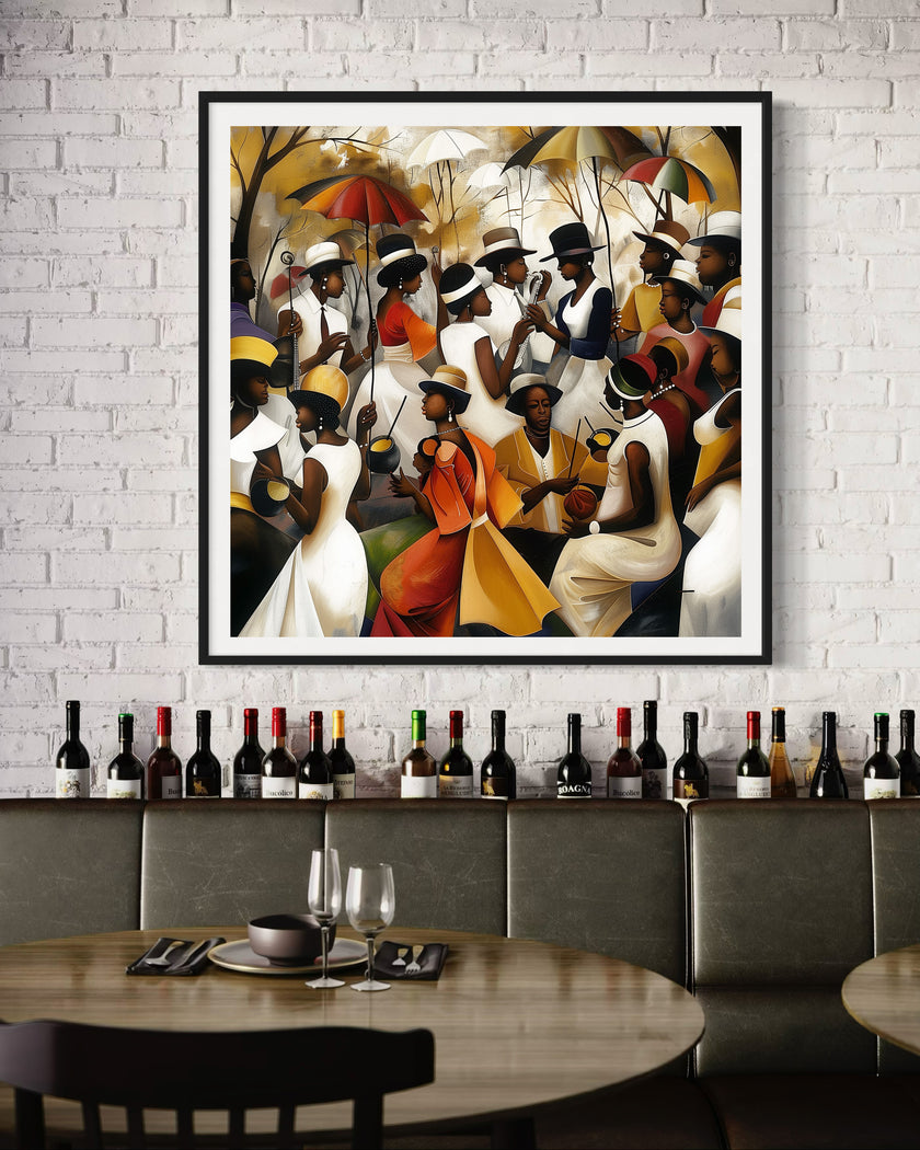 Juneteenth Art Print featuring a Black family reunion celebration in an Afrocentric outdoor setting. Vibrant digital artwork showcasing Black joy, unity, and heritage with bold colors representing freedom and cultural pride.