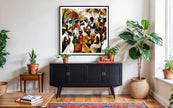 Juneteenth Art Print featuring a Black family reunion celebration in an Afrocentric outdoor setting. Vibrant digital artwork showcasing Black joy, unity, and heritage with bold colors representing freedom and cultural pride.