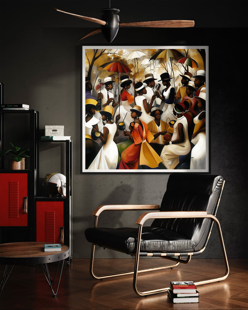 Juneteenth Art Print featuring a Black family reunion celebration in an Afrocentric outdoor setting. Vibrant digital artwork showcasing Black joy, unity, and heritage with bold colors representing freedom and cultural pride.