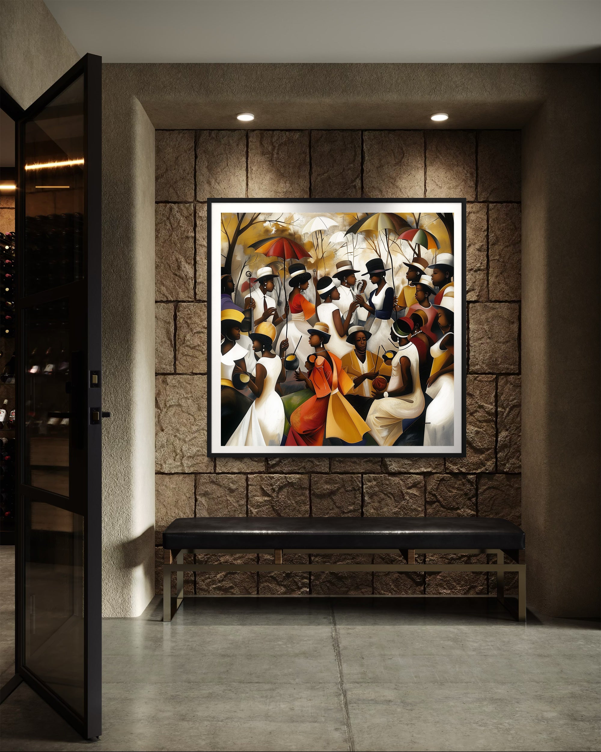 Juneteenth Art Print featuring a Black family reunion celebration in an Afrocentric outdoor setting. Vibrant digital artwork showcasing Black joy, unity, and heritage with bold colors representing freedom and cultural pride.