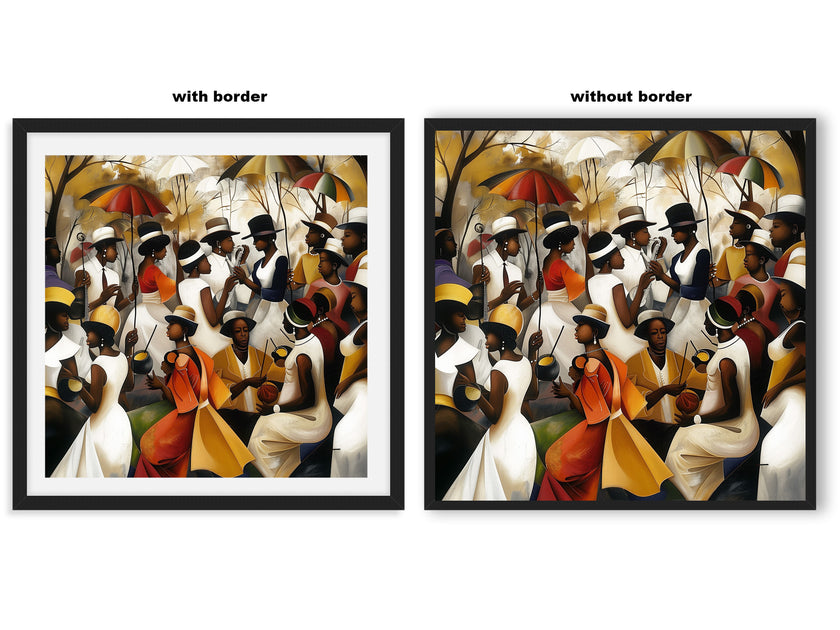Juneteenth Art Print featuring a Black family reunion celebration in an Afrocentric outdoor setting. Vibrant digital artwork showcasing Black joy, unity, and heritage with bold colors representing freedom and cultural pride.