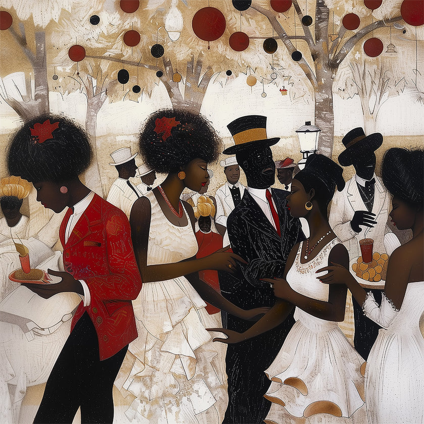 White Party Afrocentric Art Print featuring elegant Black couples dressed in white and black at a wedding or resort celebration. Stylish Black love wall art decor.