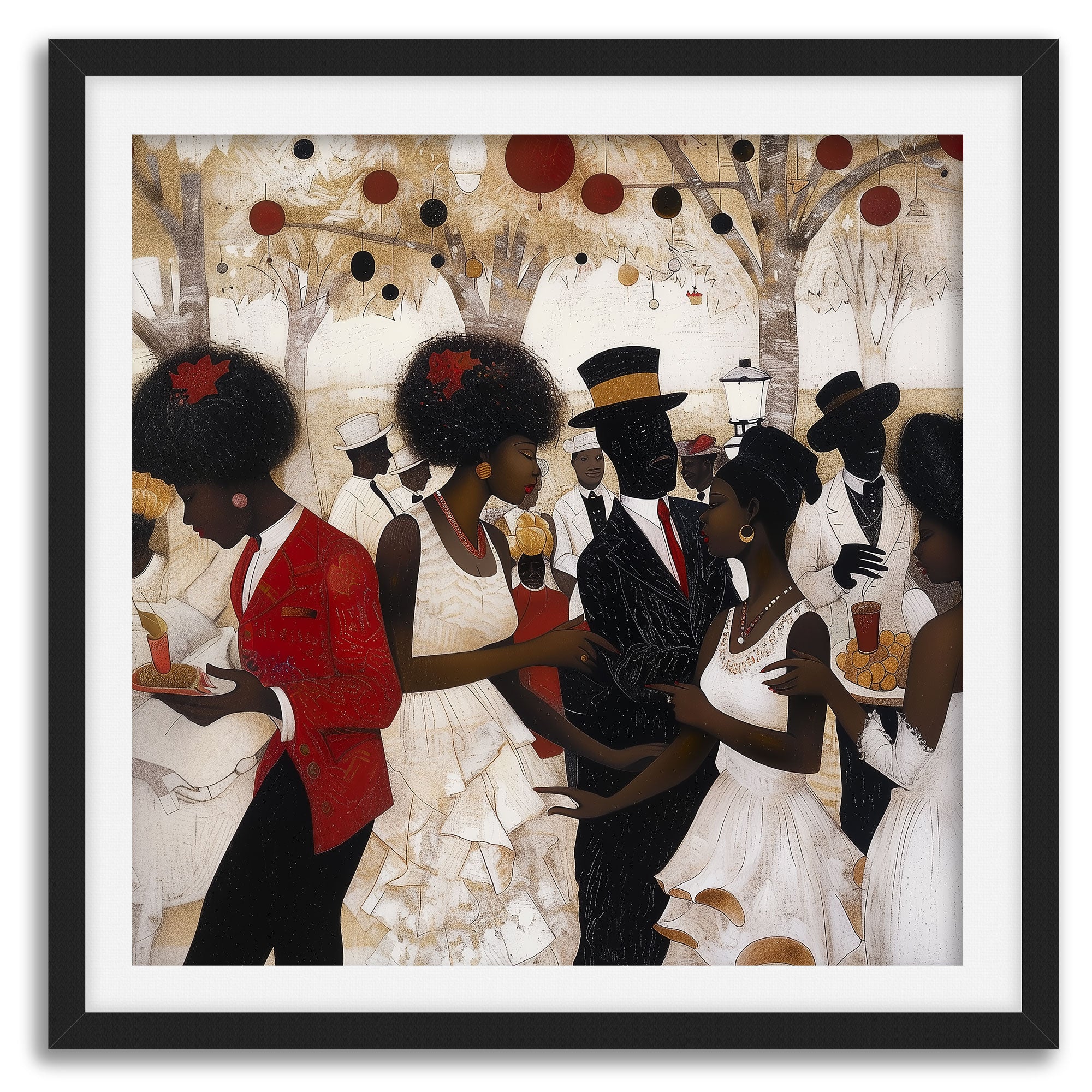 White Party Afrocentric Art Print featuring elegant Black couples dressed in white and black at a wedding or resort celebration. Stylish Black love wall art decor.