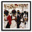 White Party Afrocentric Art Print featuring elegant Black couples dressed in white and black at a wedding or resort celebration. Stylish Black love wall art decor.