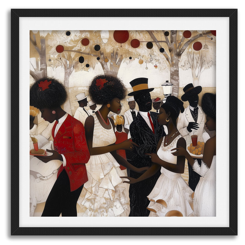 White Party Afrocentric Art Print featuring elegant Black couples dressed in white and black at a wedding or resort celebration. Stylish Black love wall art decor.