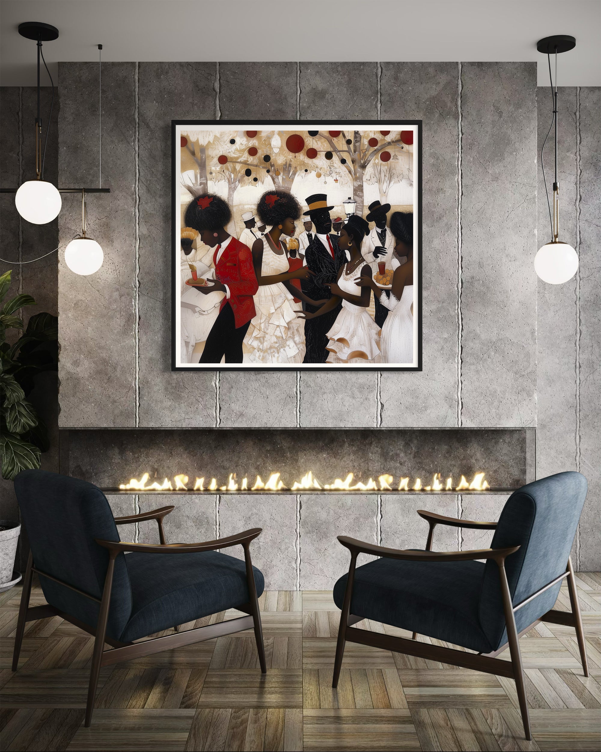 White Party Afrocentric Art Print featuring elegant Black couples dressed in white and black at a wedding or resort celebration. Stylish Black love wall art decor.