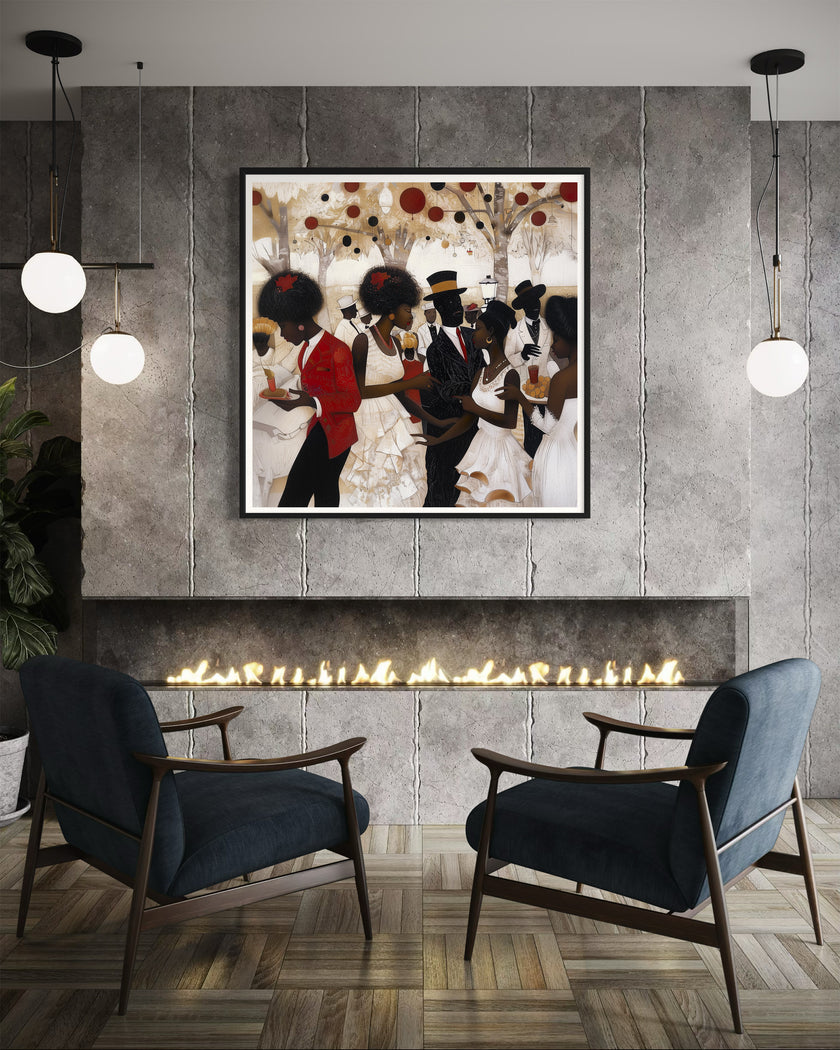 White Party Afrocentric Art Print featuring elegant Black couples dressed in white and black at a wedding or resort celebration. Stylish Black love wall art decor.