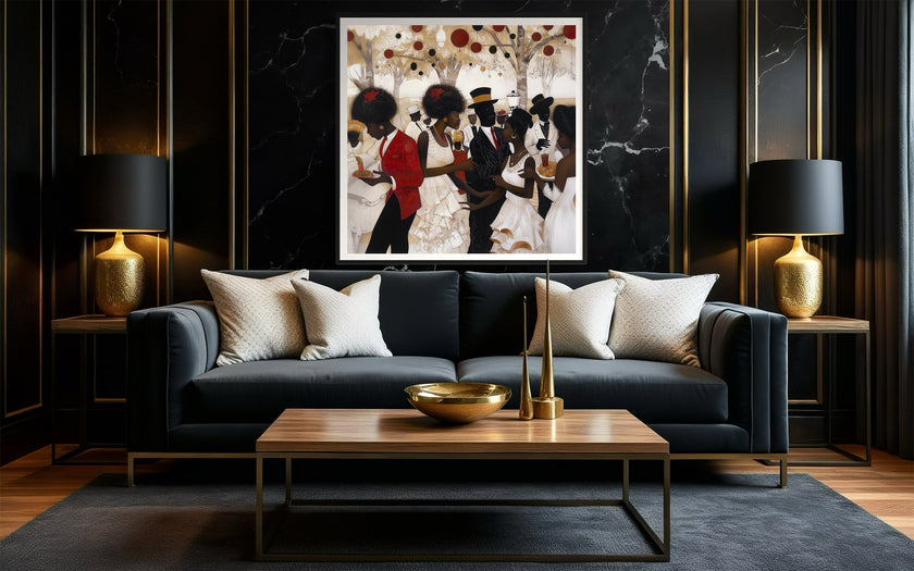 White Party Afrocentric Art Print featuring elegant Black couples dressed in white and black at a wedding or resort celebration. Stylish Black love wall art decor.