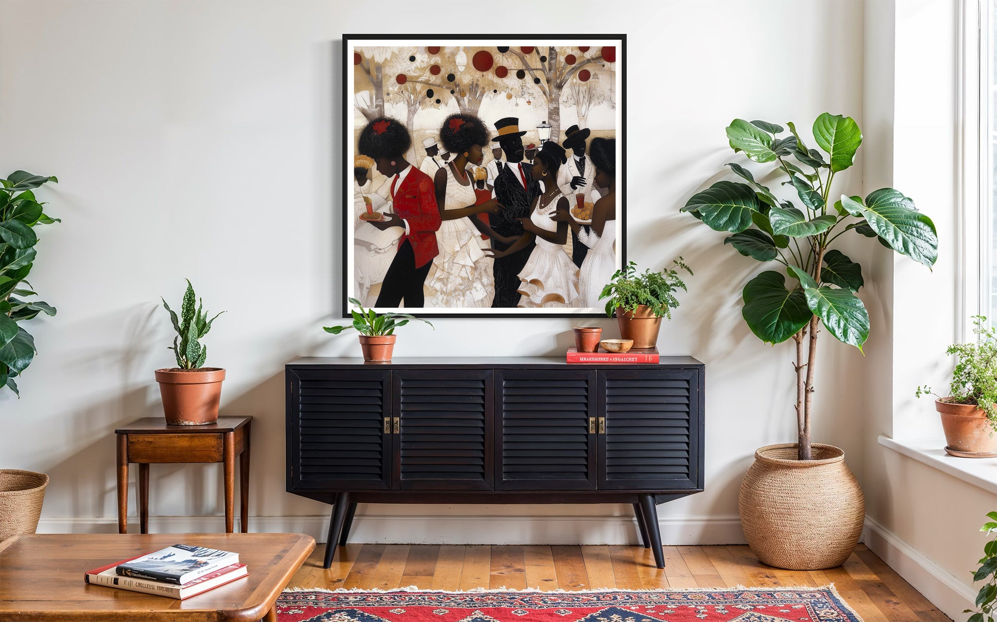 White Party Afrocentric Art Print featuring elegant Black couples dressed in white and black at a wedding or resort celebration. Stylish Black love wall art decor.