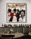 White Party Afrocentric Art Print featuring elegant Black couples dressed in white and black at a wedding or resort celebration. Stylish Black love wall art decor.