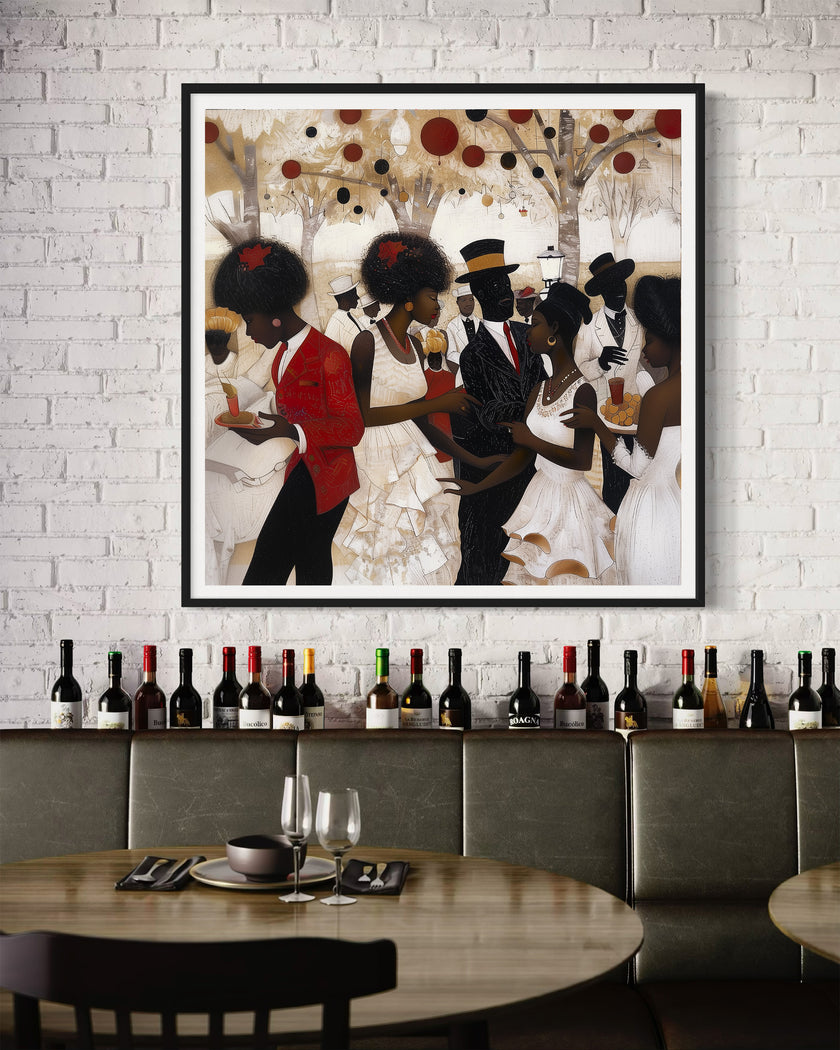 White Party Afrocentric Art Print featuring elegant Black couples dressed in white and black at a wedding or resort celebration. Stylish Black love wall art decor.