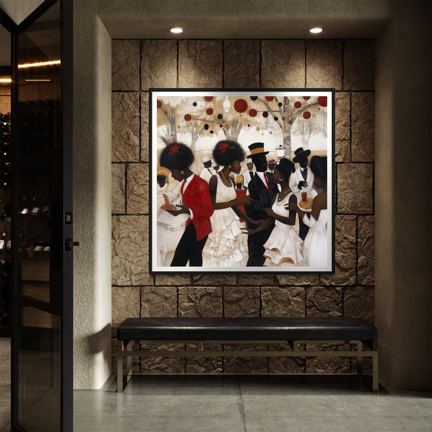 White Party Afrocentric Art Print featuring elegant Black couples dressed in white and black at a wedding or resort celebration. Stylish Black love wall art decor.