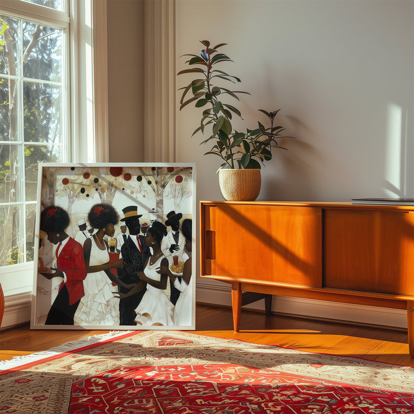 White Party Afrocentric Art Print featuring elegant Black couples dressed in white and black at a wedding or resort celebration. Stylish Black love wall art decor.