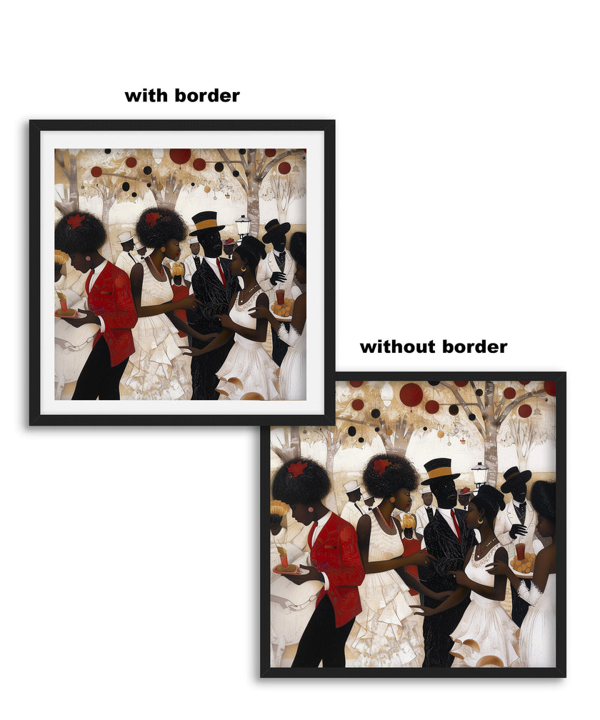 White Party Afrocentric Art Print featuring elegant Black couples dressed in white and black at a wedding or resort celebration. Stylish Black love wall art decor.