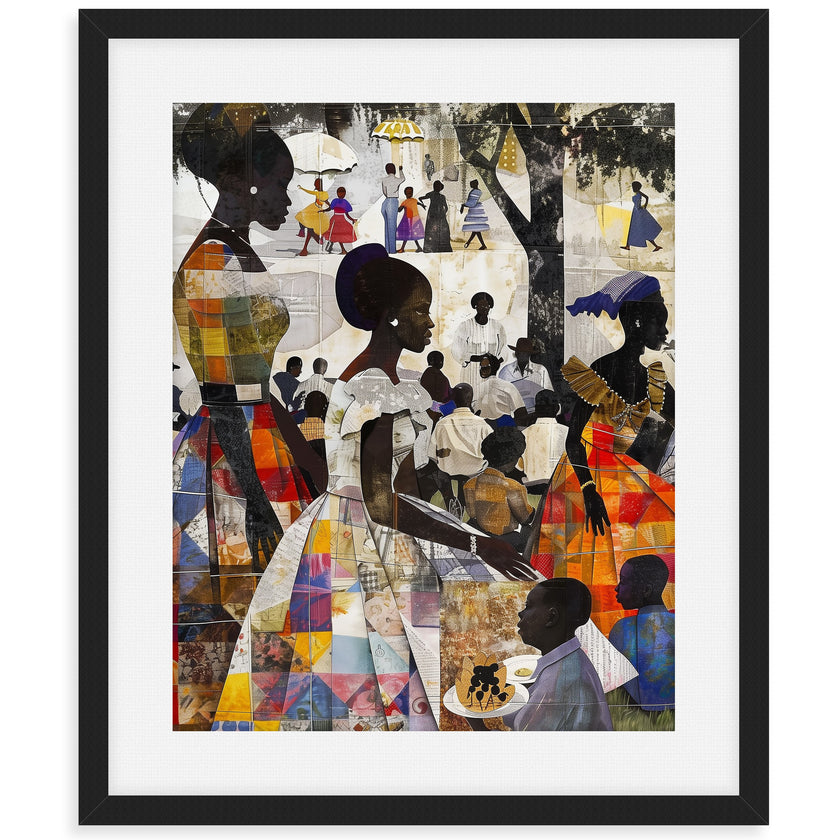 African American Women and Kids Family Outdoor Picnic Art Print, Afrocentric wall decor featuring a joyful family reunion scene in the park.  Patchwork quilt style.
