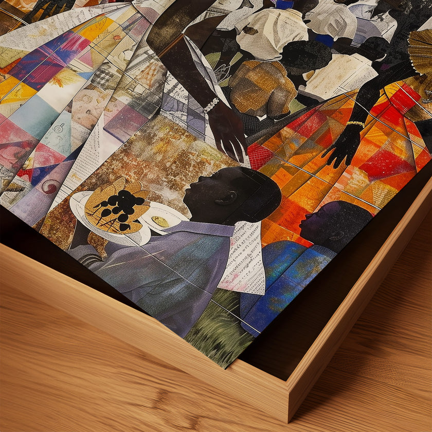 African American Women and Kids Family Outdoor Picnic Art Print, Afrocentric wall decor featuring a joyful family reunion scene in the park.  Patchwork quilt style.