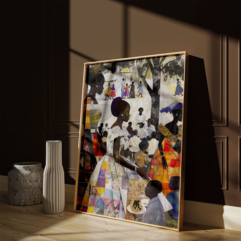 African American Women and Kids Family Outdoor Picnic Art Print, Afrocentric wall decor featuring a joyful family reunion scene in the park.  Patchwork quilt style.