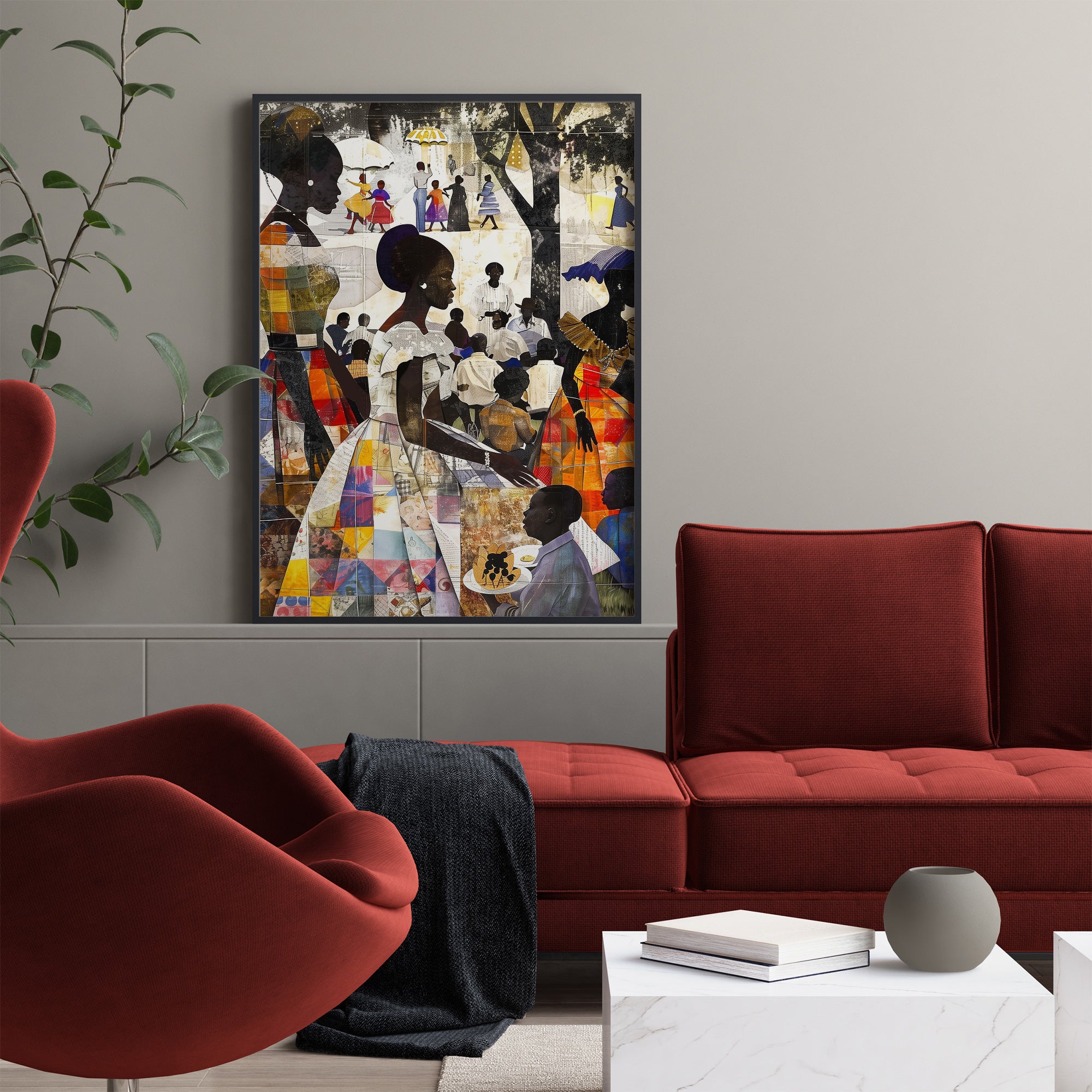 African American Women and Kids Family Outdoor Picnic Art Print, Afrocentric wall decor featuring a joyful family reunion scene in the park.  Patchwork quilt style.