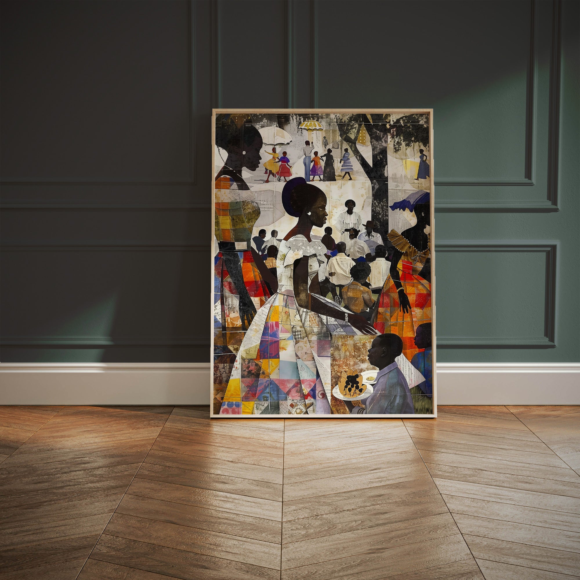 African American Women and Kids Family Outdoor Picnic Art Print, Afrocentric wall decor featuring a joyful family reunion scene in the park.  Patchwork quilt style.