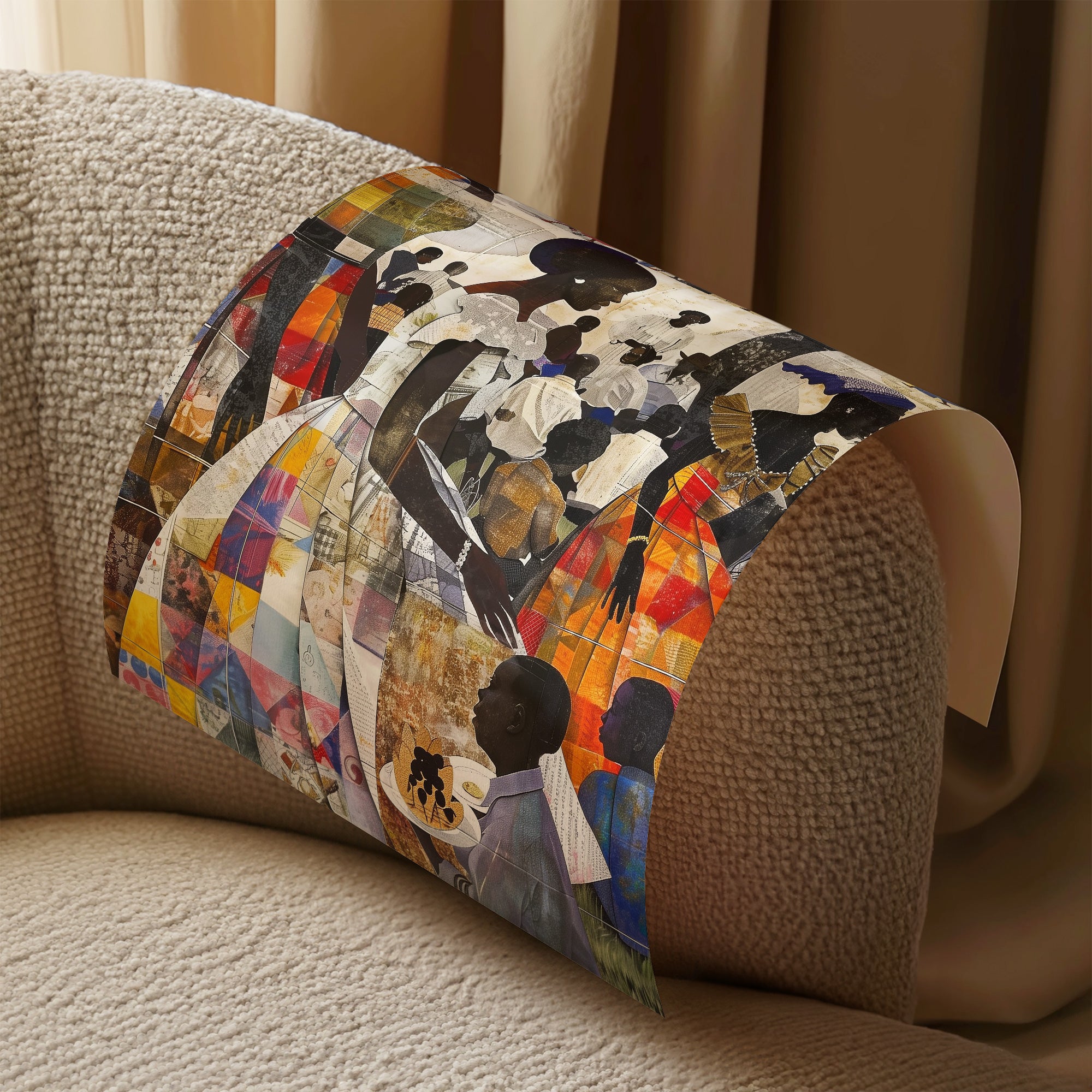 African American Women and Kids Family Outdoor Picnic Art Print, Afrocentric wall decor featuring a joyful family reunion scene in the park.  Patchwork quilt style.