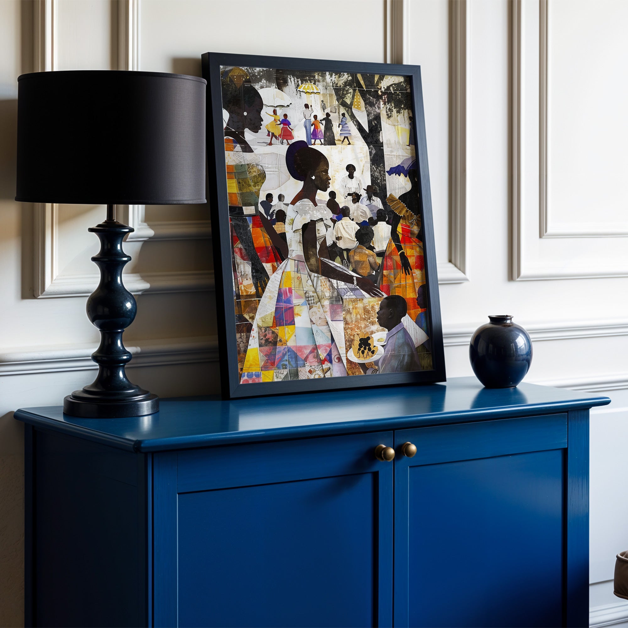 African American Women and Kids Family Outdoor Picnic Art Print, Afrocentric wall decor featuring a joyful family reunion scene in the park.  Patchwork quilt style.