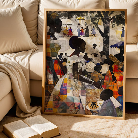 African American Women and Kids Family Outdoor Picnic Art Print, Afrocentric wall decor featuring a joyful family reunion scene in the park.  Patchwork quilt style.