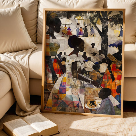 African American Women and Kids Family Outdoor Picnic Art Print, Afrocentric wall decor featuring a joyful family reunion scene in the park.  Patchwork quilt style.