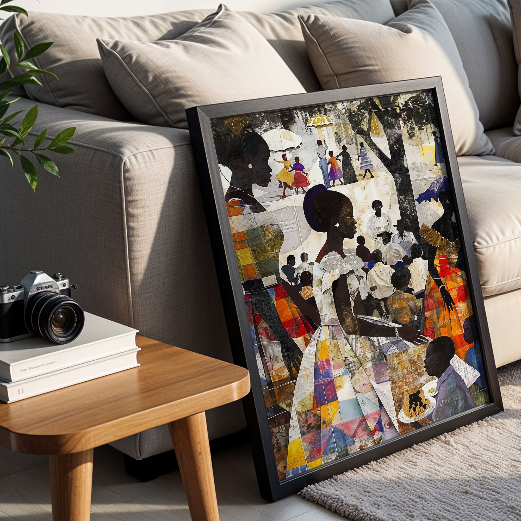 African American Women and Kids Family Outdoor Picnic Art Print, Afrocentric wall decor featuring a joyful family reunion scene in the park.  Patchwork quilt style.