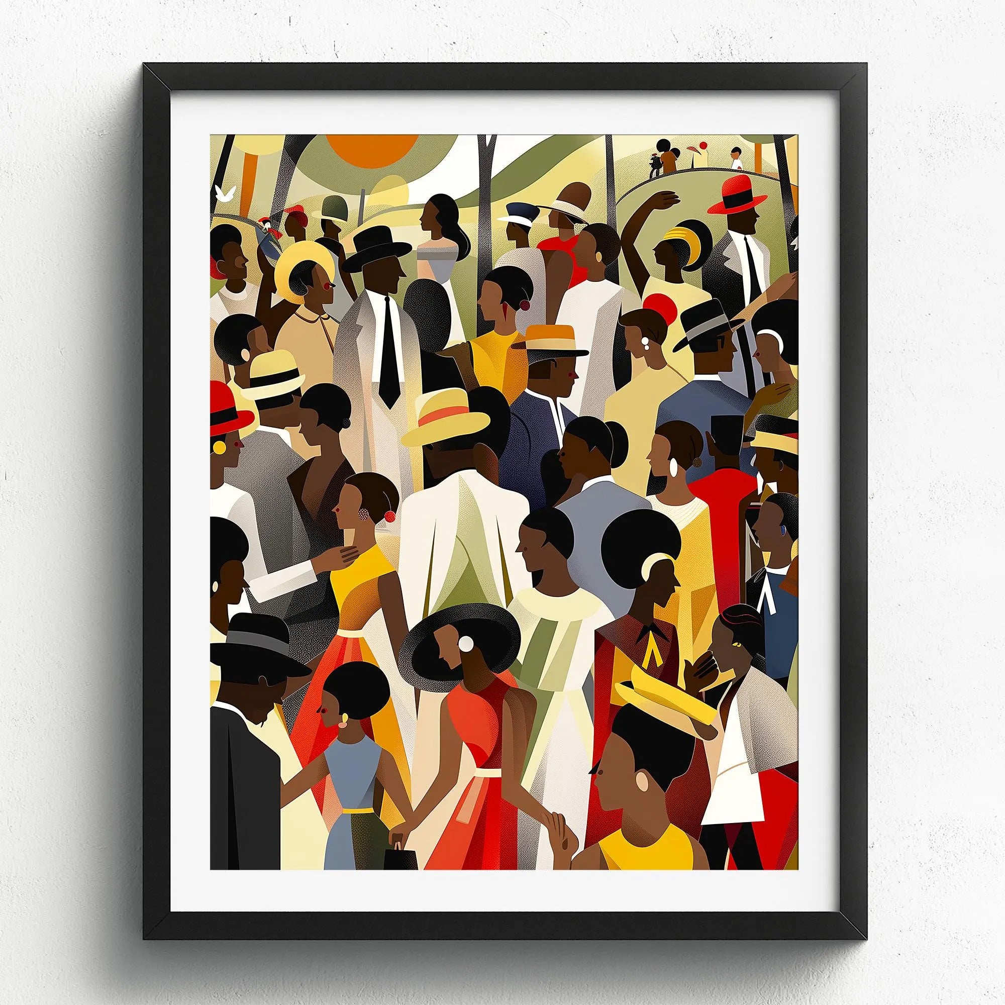 Juneteenth Celebration Family Picnic Art Print depicting an African American family gathering in an outdoor park setting. Afrocentric digital artwork filled with vibrant colors symbolizing joy, freedom, unity, and cultural pride during a Juneteenth celebration.