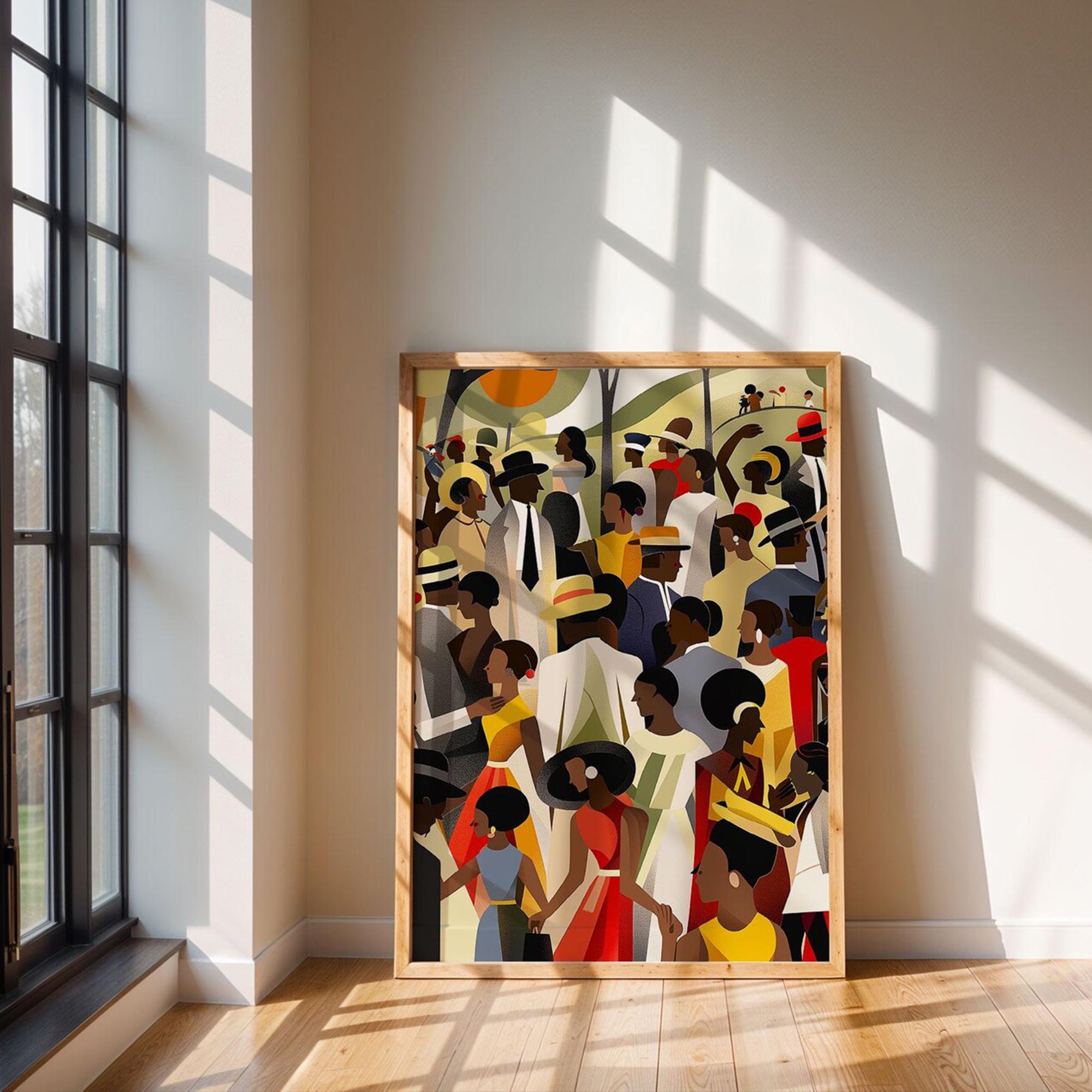 Juneteenth Celebration Family Picnic Art Print depicting an African American family gathering in an outdoor park setting. Afrocentric digital artwork filled with vibrant colors symbolizing joy, freedom, unity, and cultural pride during a Juneteenth celebration.