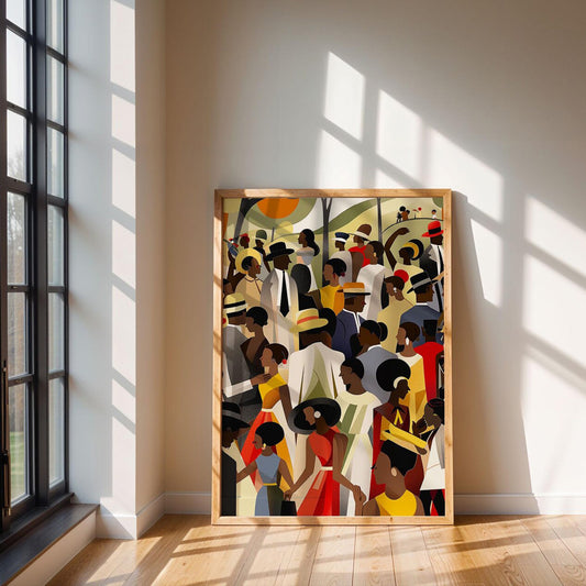 Juneteenth Celebration Family Picnic Art Print depicting an African American family gathering in an outdoor park setting. Afrocentric digital artwork filled with vibrant colors symbolizing joy, freedom, unity, and cultural pride during a Juneteenth celebration.