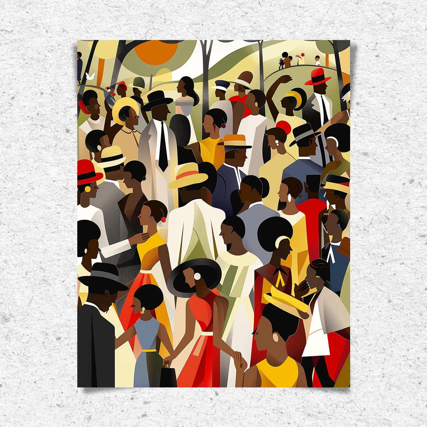Juneteenth Celebration Family Picnic Art Print depicting an African American family gathering in an outdoor park setting. Afrocentric digital artwork filled with vibrant colors symbolizing joy, freedom, unity, and cultural pride during a Juneteenth celebration.