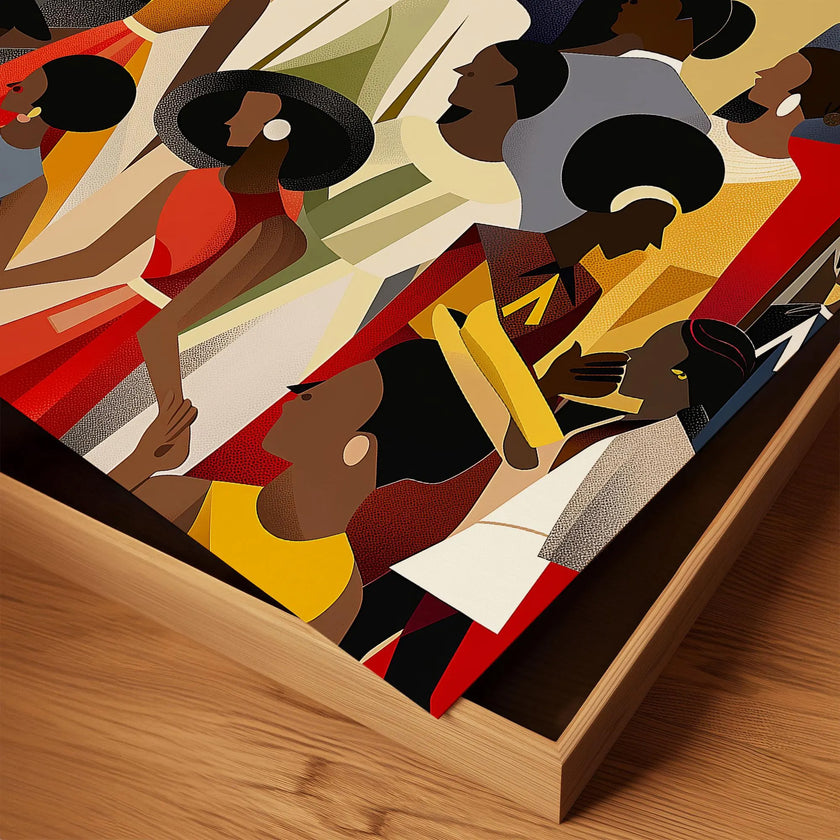 Juneteenth Celebration Family Picnic Art Print depicting an African American family gathering in an outdoor park setting. Afrocentric digital artwork filled with vibrant colors symbolizing joy, freedom, unity, and cultural pride during a Juneteenth celebration.