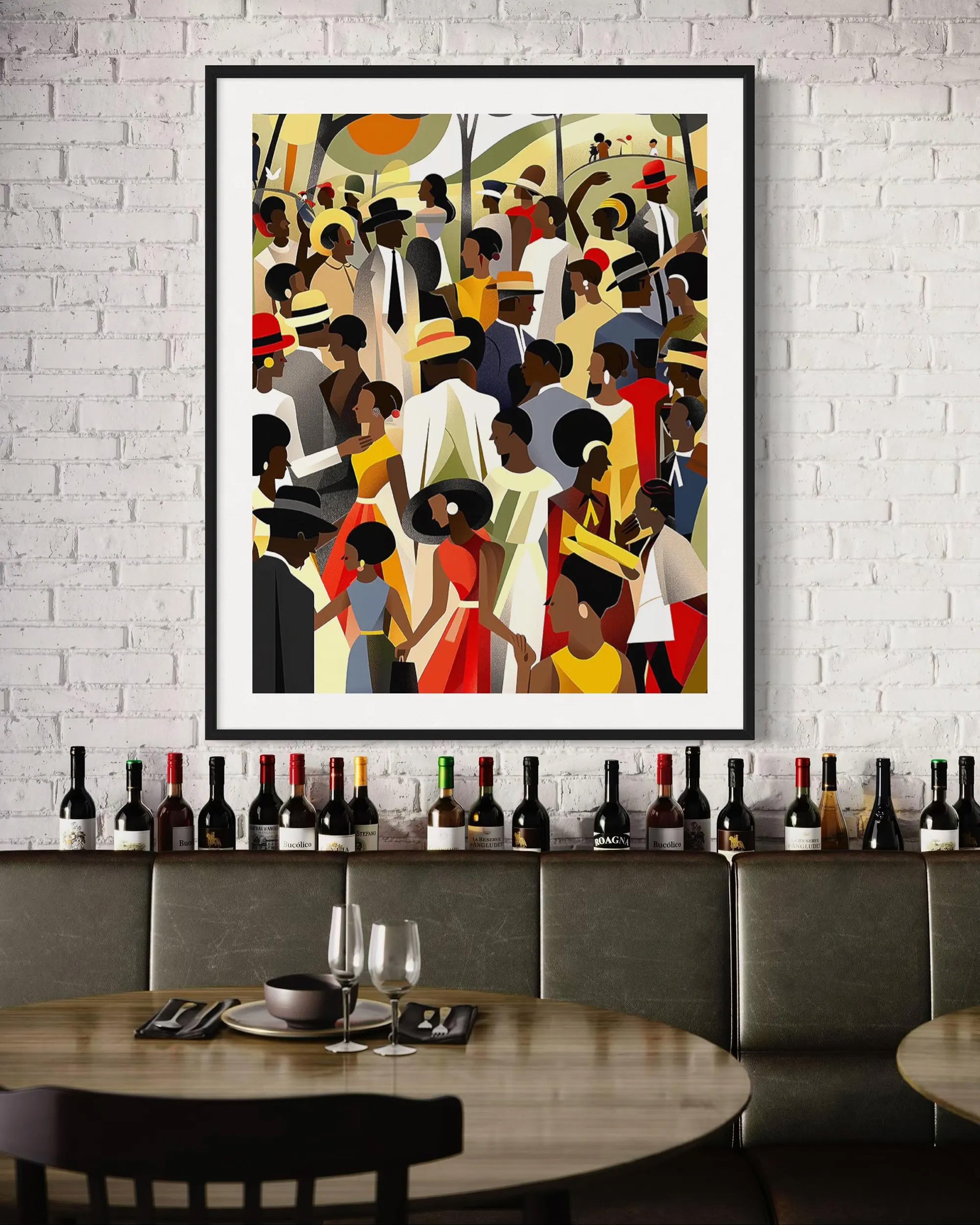 Juneteenth Celebration Family Picnic Art Print depicting an African American family gathering in an outdoor park setting. Afrocentric digital artwork filled with vibrant colors symbolizing joy, freedom, unity, and cultural pride during a Juneteenth celebration.