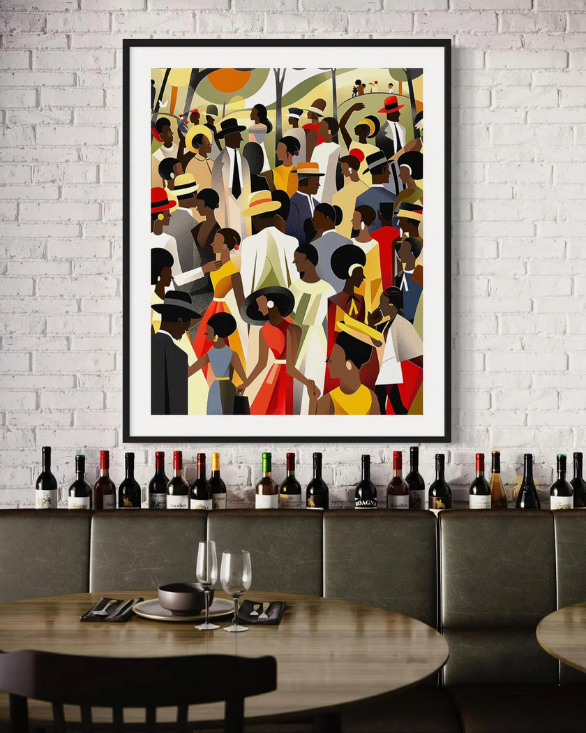 Juneteenth Celebration Family Picnic Art Print depicting an African American family gathering in an outdoor park setting. Afrocentric digital artwork filled with vibrant colors symbolizing joy, freedom, unity, and cultural pride during a Juneteenth celebration.