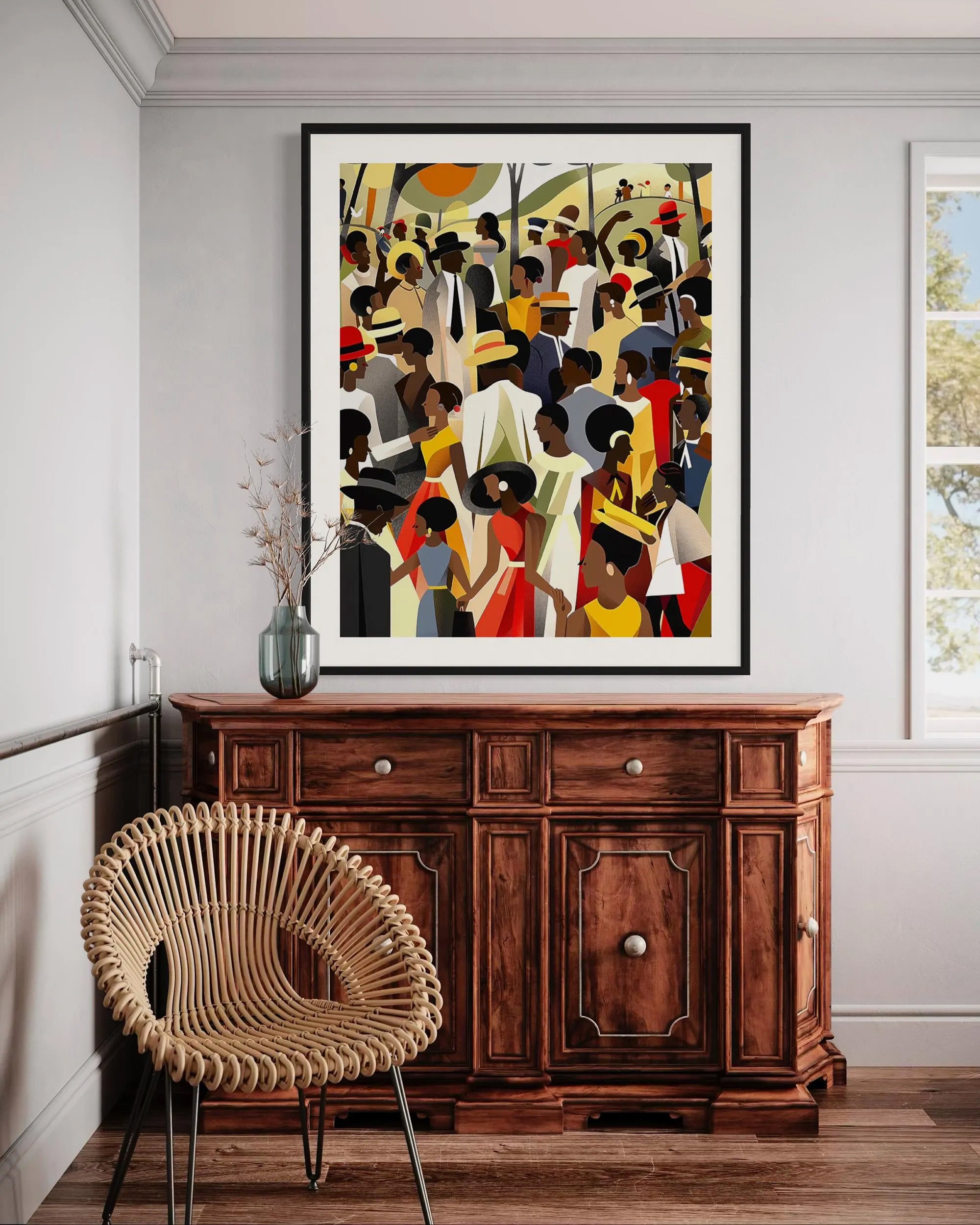 Juneteenth Celebration Family Picnic Art Print depicting an African American family gathering in an outdoor park setting. Afrocentric digital artwork filled with vibrant colors symbolizing joy, freedom, unity, and cultural pride during a Juneteenth celebration.
