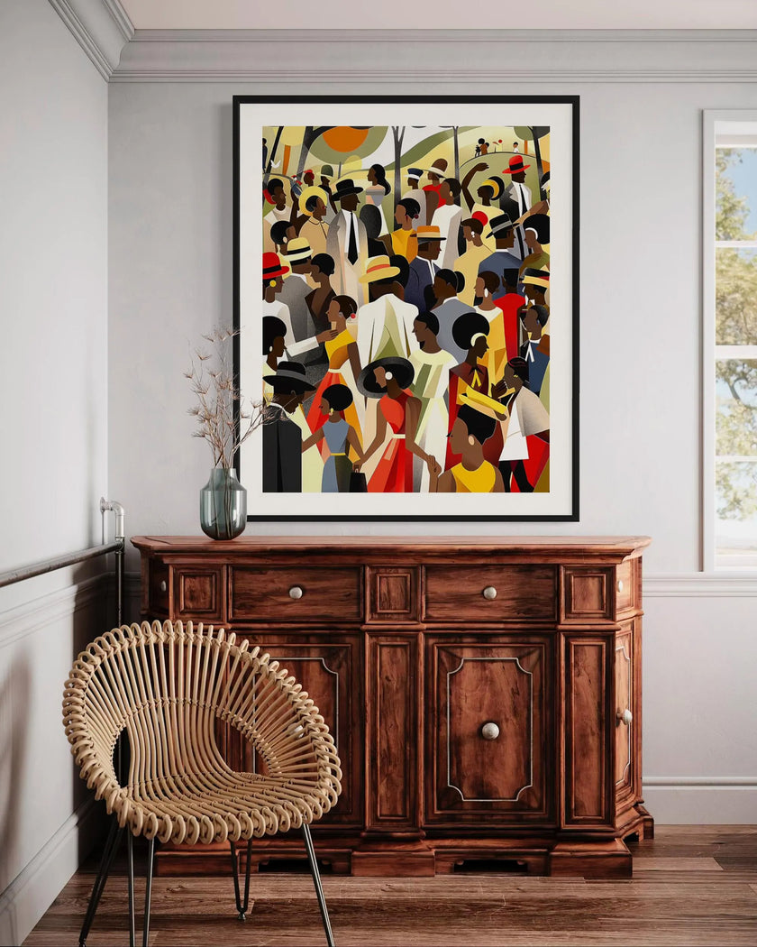 Juneteenth Celebration Family Picnic Art Print depicting an African American family gathering in an outdoor park setting. Afrocentric digital artwork filled with vibrant colors symbolizing joy, freedom, unity, and cultural pride during a Juneteenth celebration.