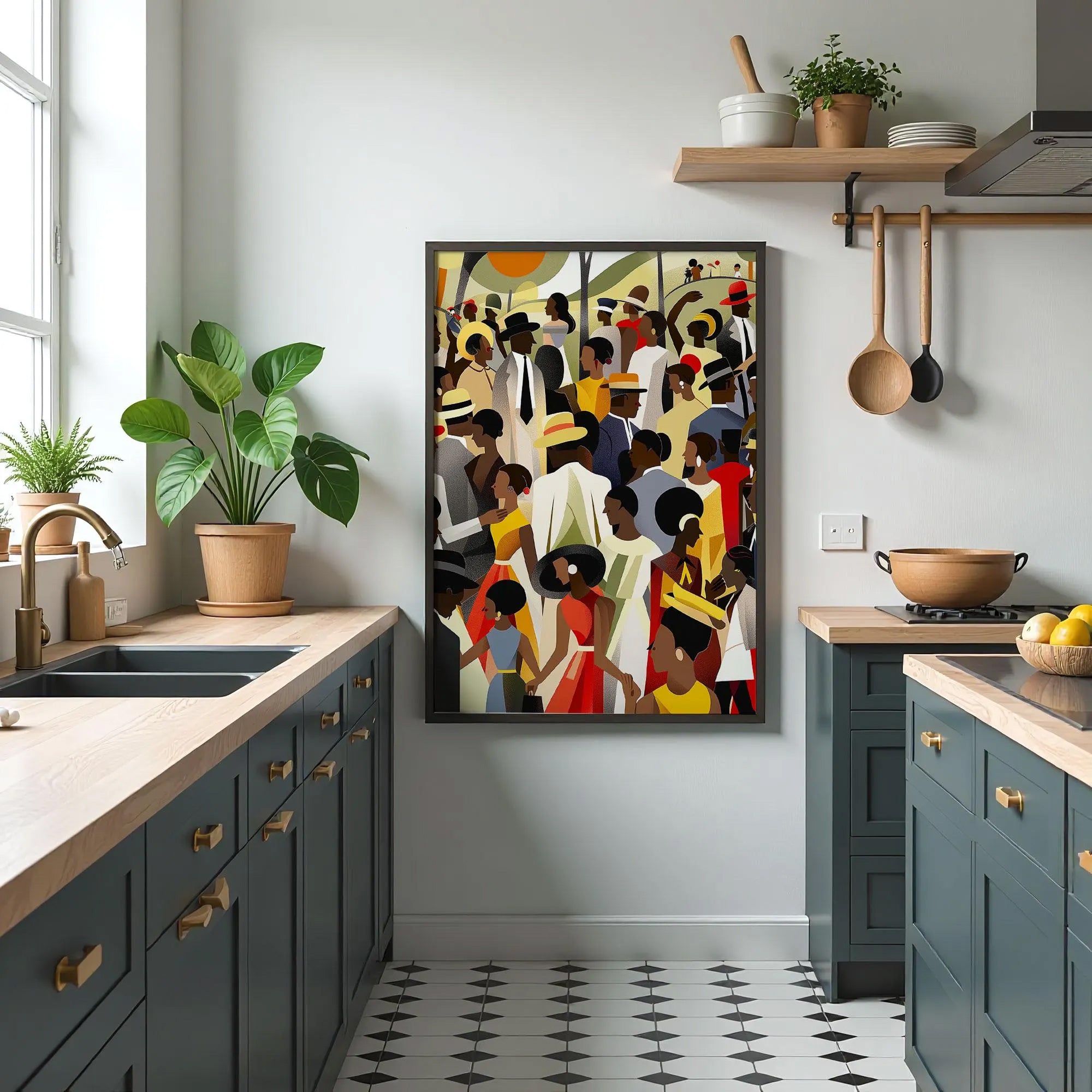 Juneteenth Celebration Family Picnic Art Print depicting an African American family gathering in an outdoor park setting. Afrocentric digital artwork filled with vibrant colors symbolizing joy, freedom, unity, and cultural pride during a Juneteenth celebration.