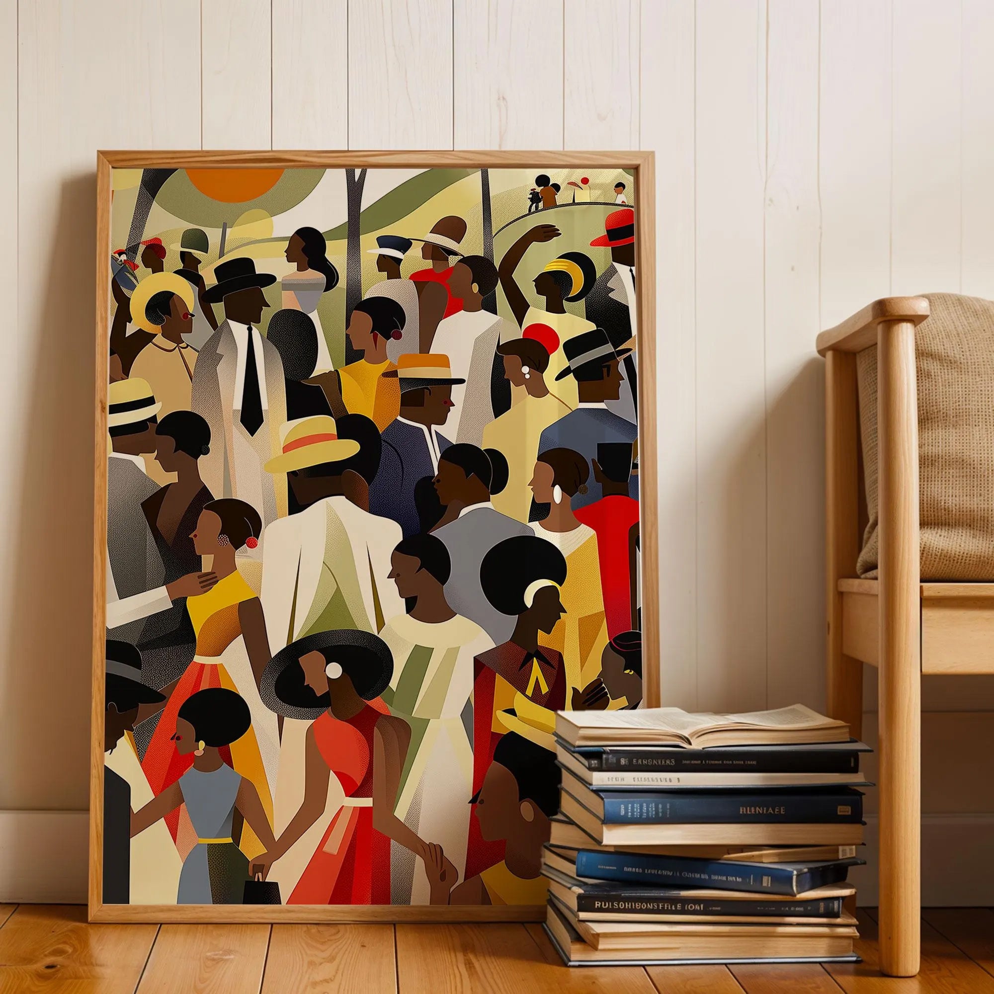 Juneteenth Celebration Family Picnic Art Print depicting an African American family gathering in an outdoor park setting. Afrocentric digital artwork filled with vibrant colors symbolizing joy, freedom, unity, and cultural pride during a Juneteenth celebration.