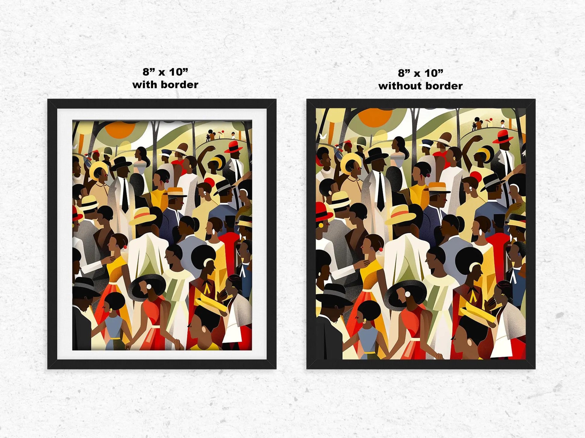 Juneteenth Celebration Family Picnic Art Print depicting an African American family gathering in an outdoor park setting. Afrocentric digital artwork filled with vibrant colors symbolizing joy, freedom, unity, and cultural pride during a Juneteenth celebration.