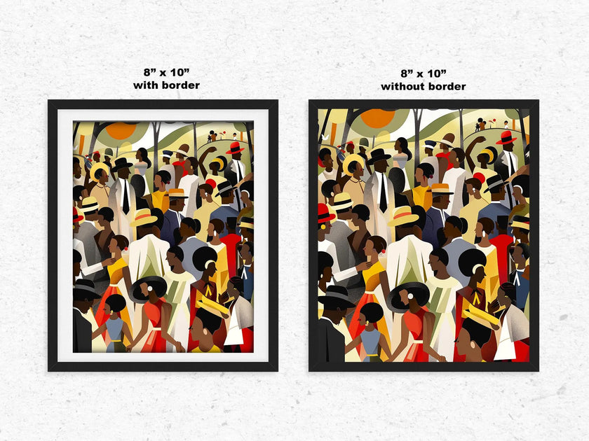Juneteenth Celebration Family Picnic Art Print depicting an African American family gathering in an outdoor park setting. Afrocentric digital artwork filled with vibrant colors symbolizing joy, freedom, unity, and cultural pride during a Juneteenth celebration.